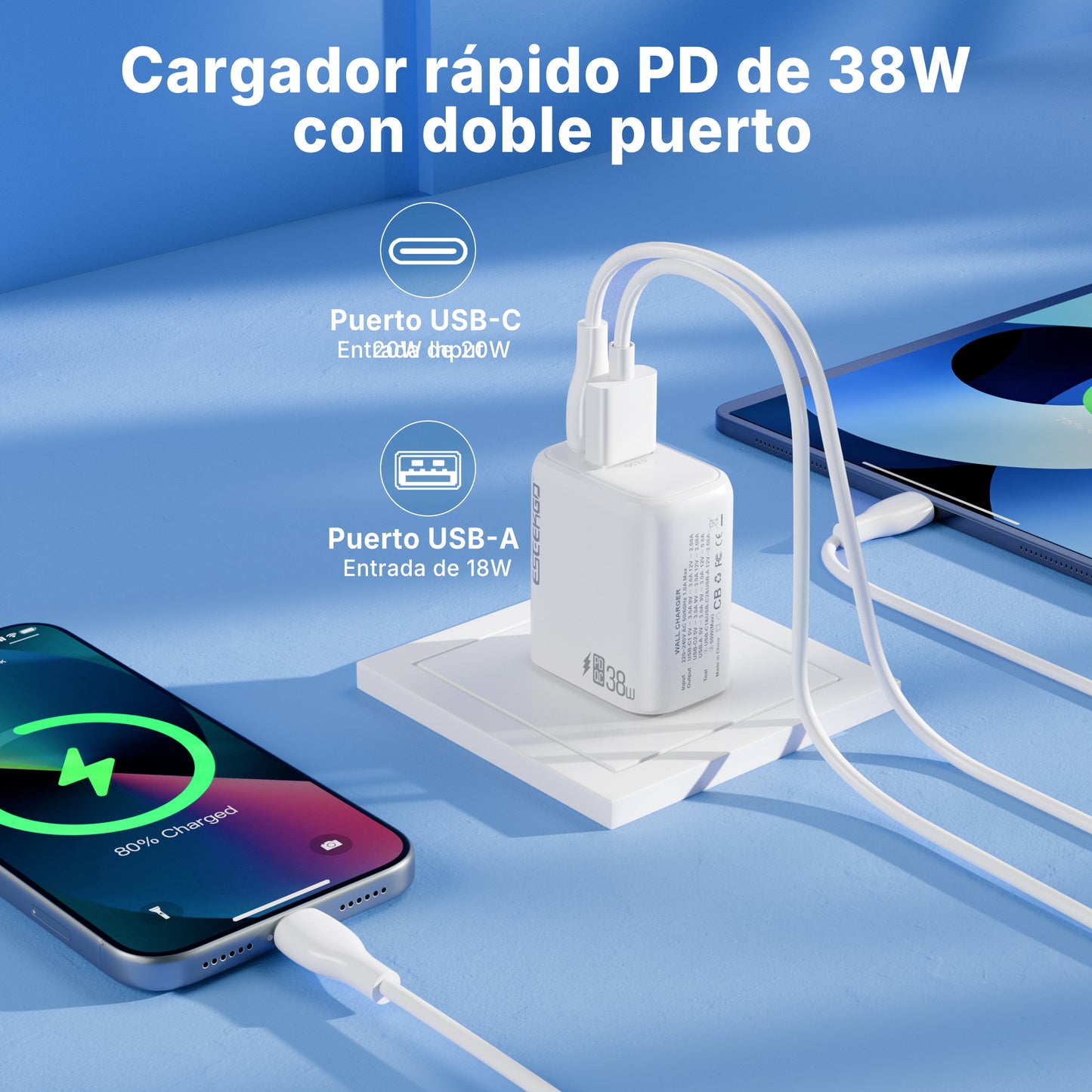ESEEKGO T-35W QC3.0 3.0A 38W QC3.0 USB A+Tipo C Adaptador de viaje (15/150)