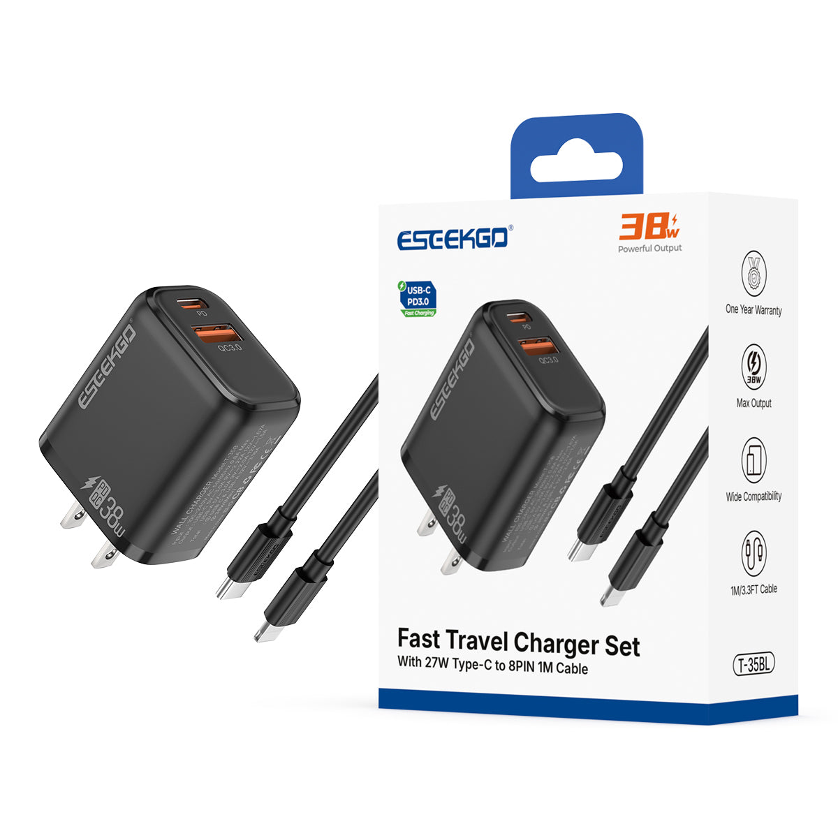 Adaptador de viaje ESEEKGO T-35BL 3.0A 38W QC3.0 A+C con cable de datos C-L de 27W y 0.99 m (15/150)