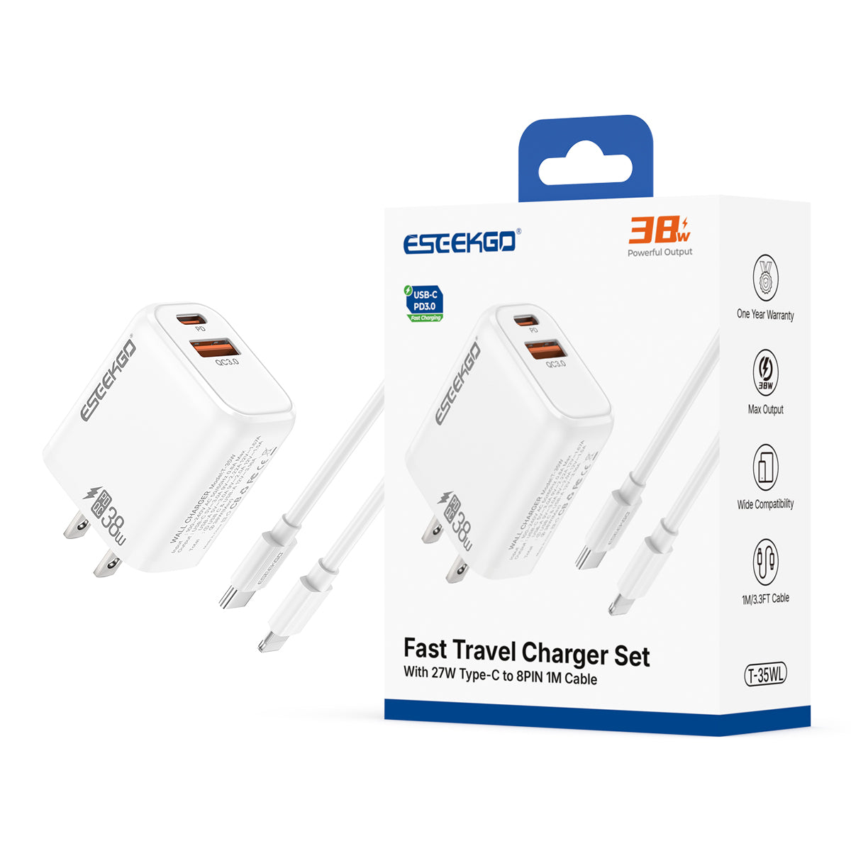 ESEEKGO T-35WL 3.0A 38W QC3.0 Adaptador de Viaje A+C con Cable de Datos C-L de 27W y 1m (15/150)