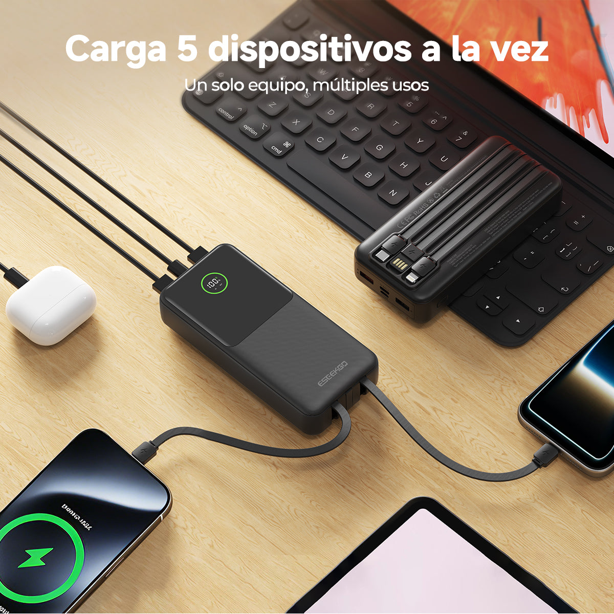 Batería externa ESEEKGO P-21B de 22,5 W y 20000 mAh con 3 cables integrados (6/36)