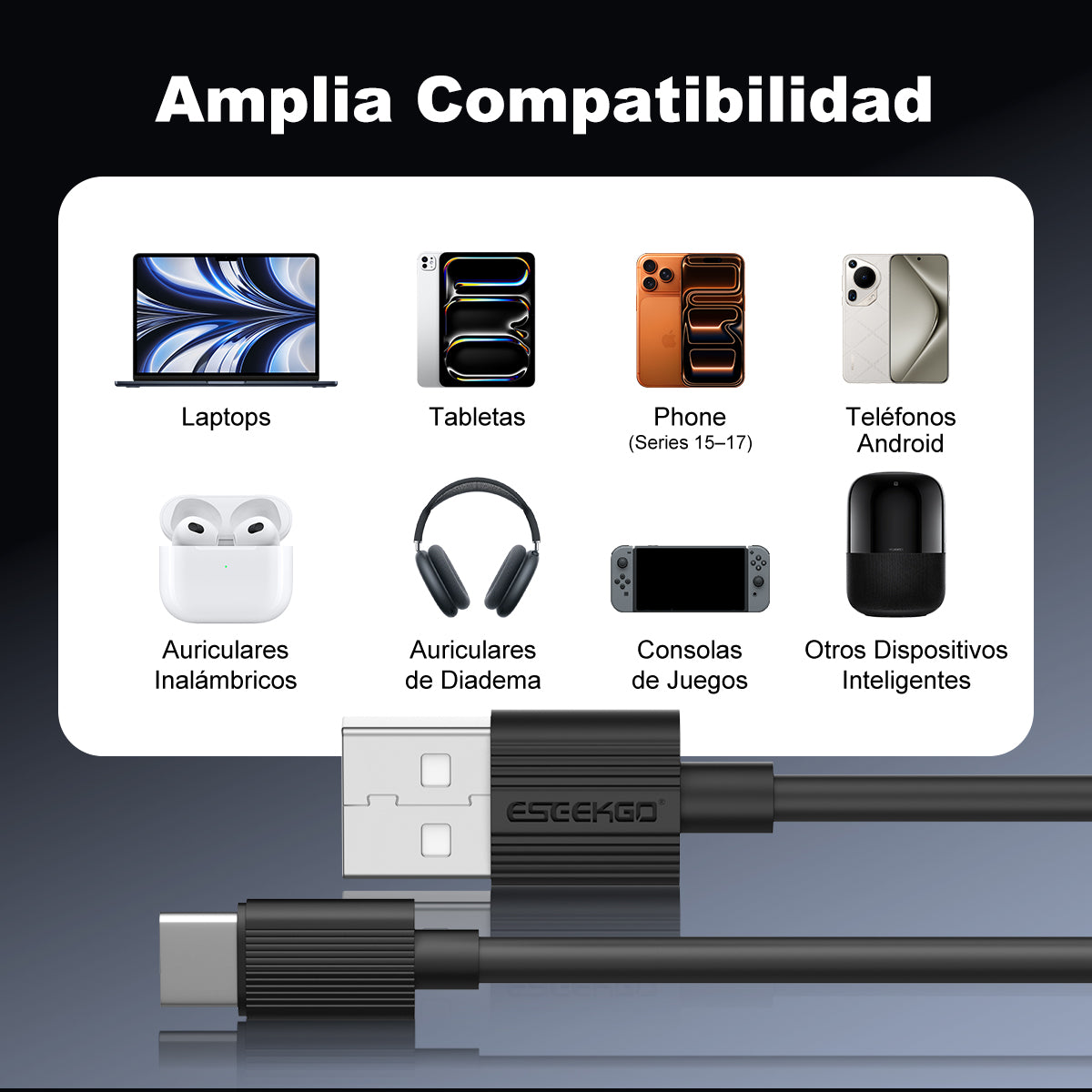 ESEEKGO G-02AB Cable de carga y datos USB a Tipo-C de 3.0A y 1M/3.3FT (40/400)