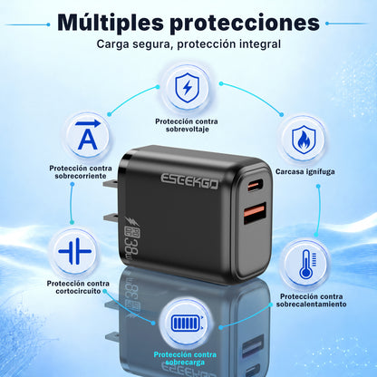 ESEEKGO T-35B QC3.0 3.0A 38W QC3.0 Adaptador de Viaje USB A+Tipo C (15/150)