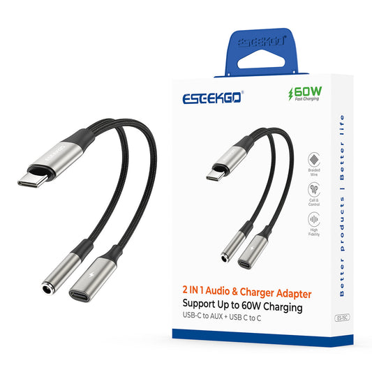 ESEEKGO ES-15C Adaptador de audio 2 en 1 de 60W Tipo-C a Tipo-C+3.5mm (16/160)