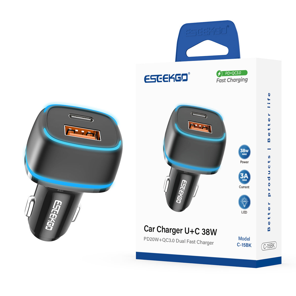 Cargador de coche LED de 38W ESEEKGO C-15BK (10/100)