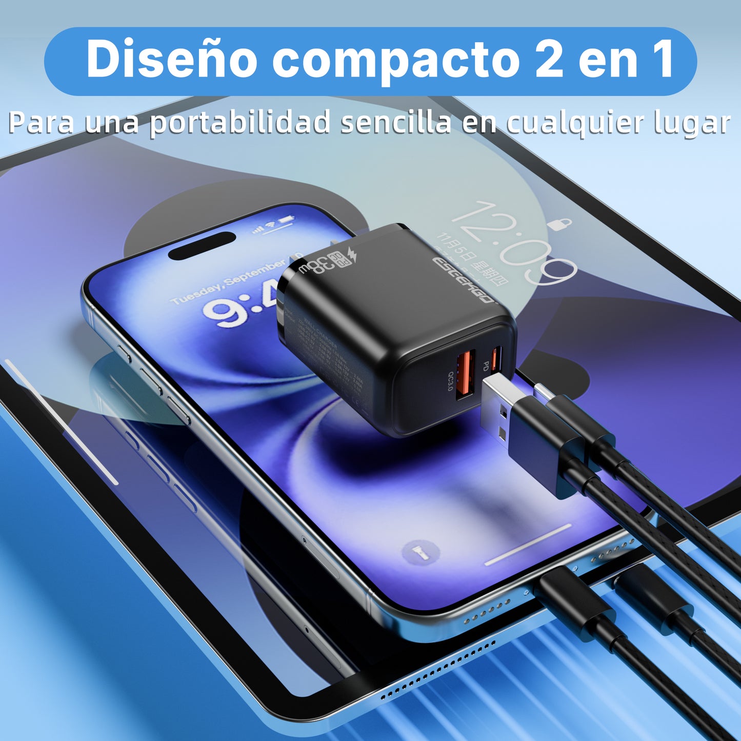 ESEEKGO T-35B QC3.0 3.0A 38W QC3.0 Adaptador de Viaje USB A+Tipo C (15/150)
