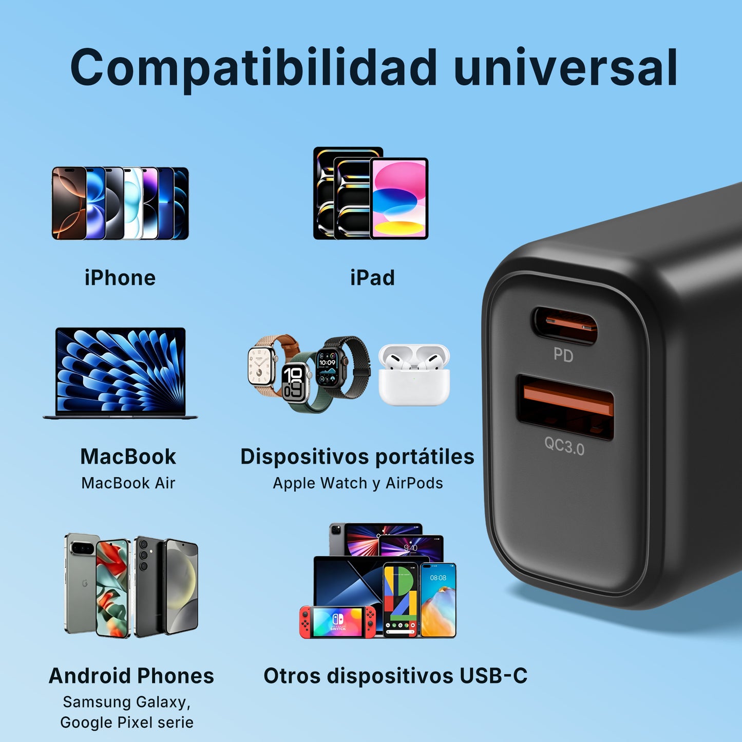 ESEEKGO T-35B QC3.0 3.0A 38W QC3.0 Adaptador de Viaje USB A+Tipo C (15/150)