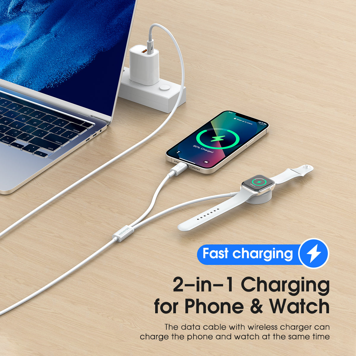 ESEEKGO AW-21L carga inalámbrica rápida para Apple Watch y cable de carga tipo C a 8 pines (16/160)