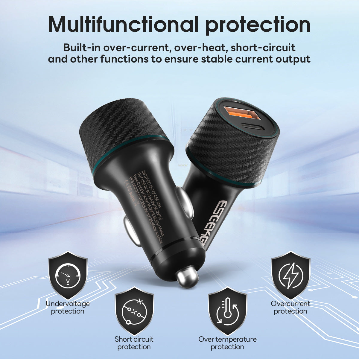 Cargador de coche ESEEKGO CC-52C de 52,5 W con cable de carga tipo C a tipo C (8/80)
