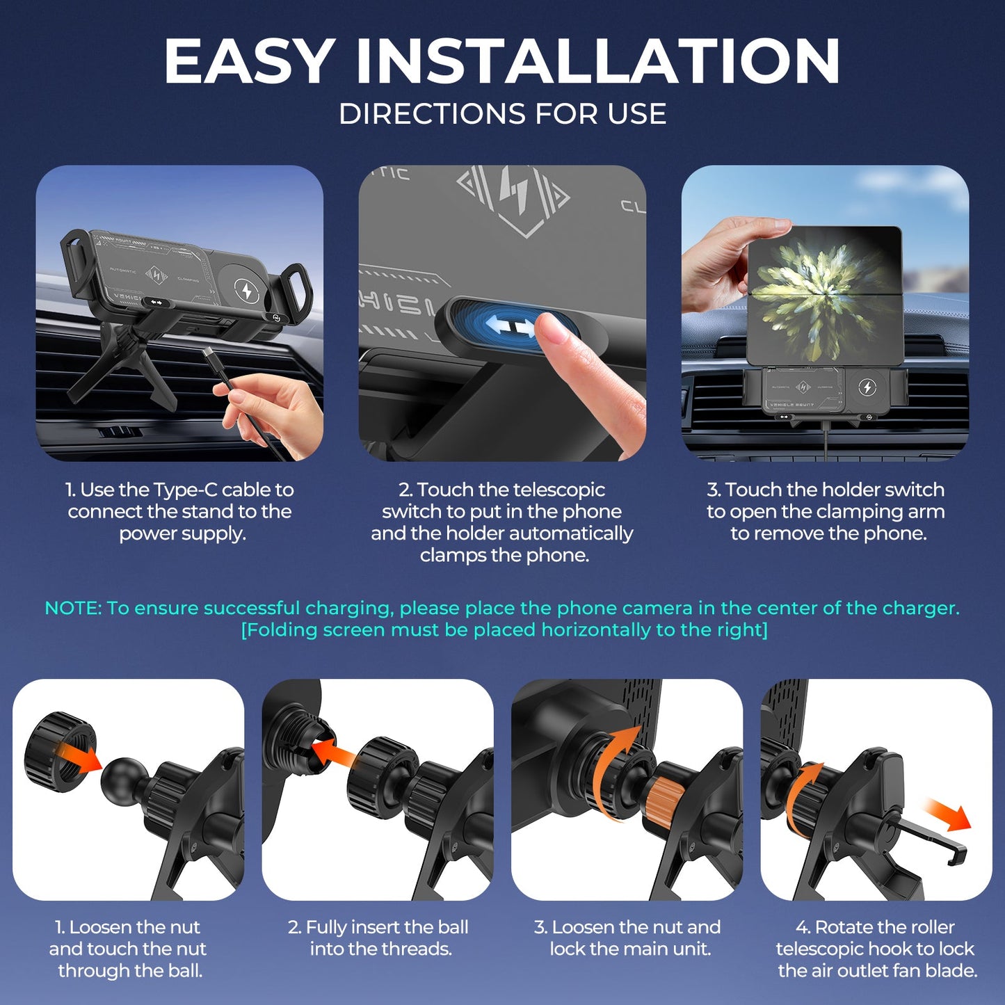 ESEEKGO CH-08 Soporte de carga inalámbrica giratorio para coche con pantalla plegable (10/20)