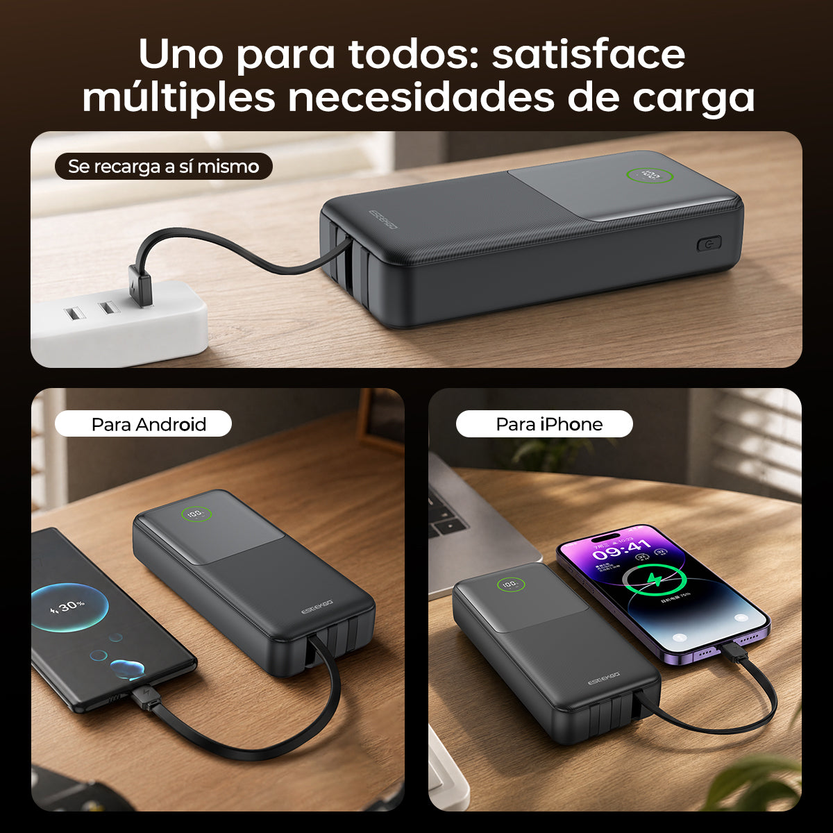 Batería externa ESEEKGO P-21B de 22,5 W y 20000 mAh con 3 cables integrados (6/36)