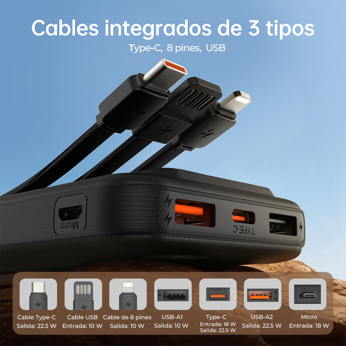 ESEEKGO P-11B Batería Externa de 22.5W y 10000mAh con 3 Cables Integrados (8/48)