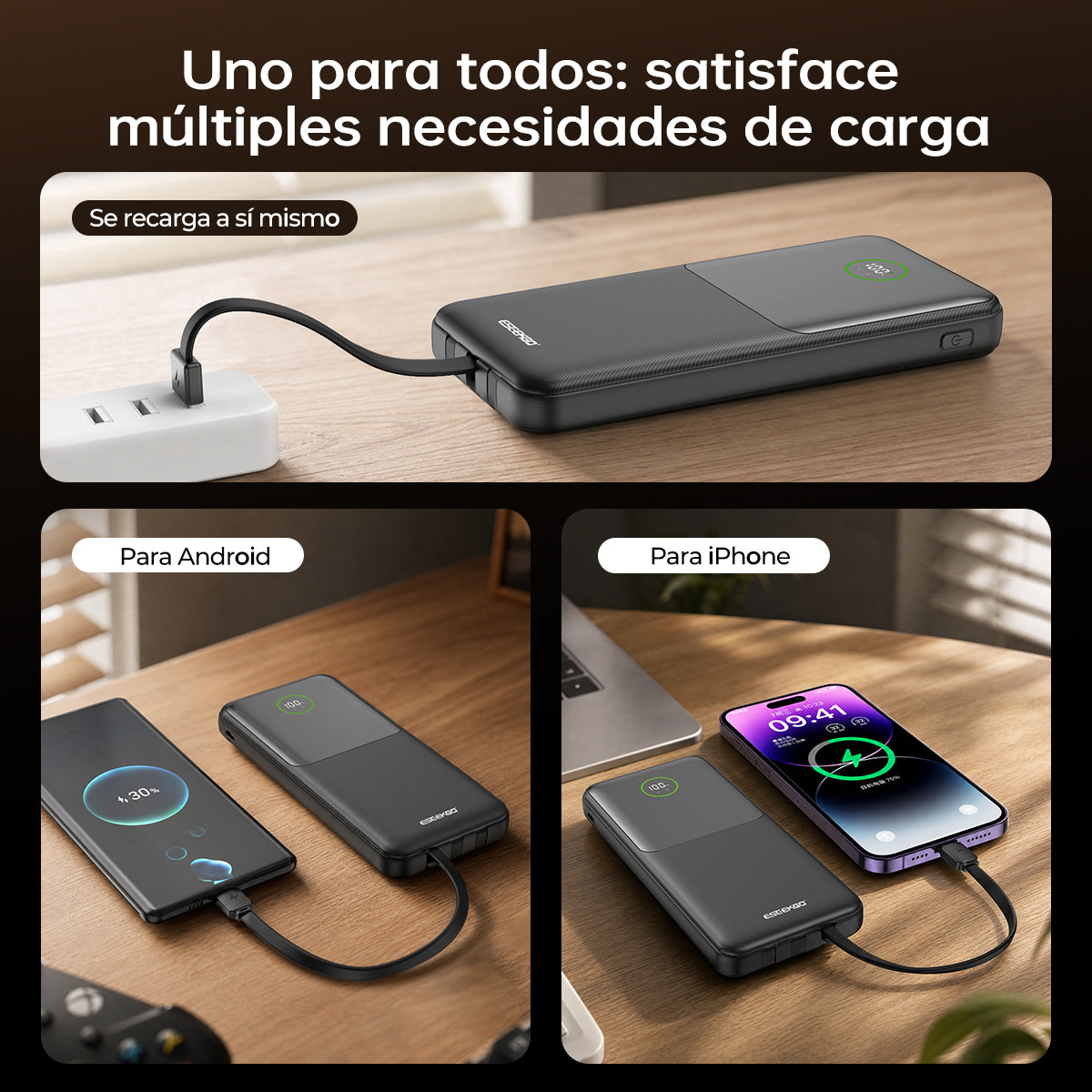 ESEEKGO P-11B Batería Externa de 22.5W y 10000mAh con 3 Cables Integrados (8/48)