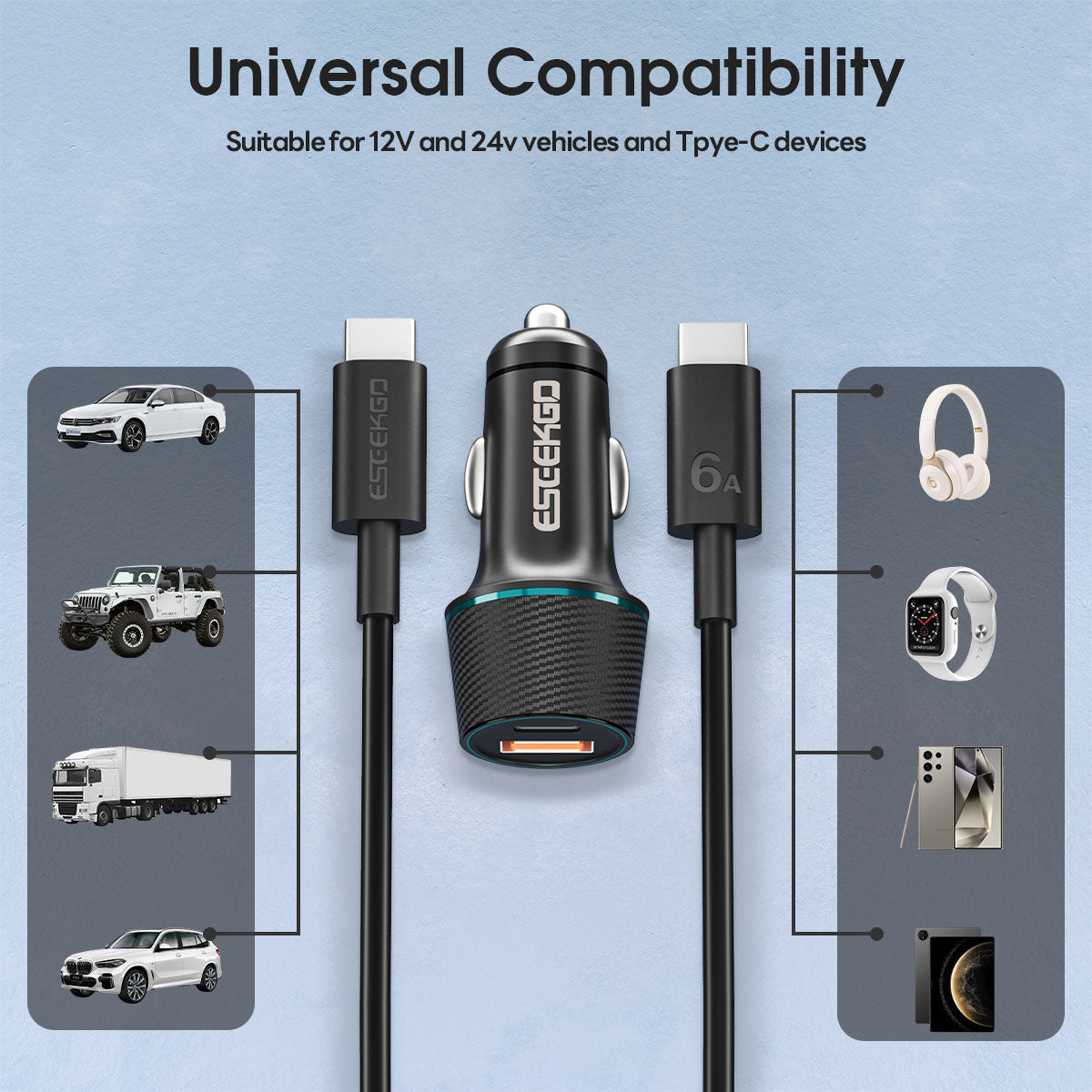 Cargador de coche ESEEKGO CC-52C de 52,5 W con cable de carga tipo C a tipo C (8/80)