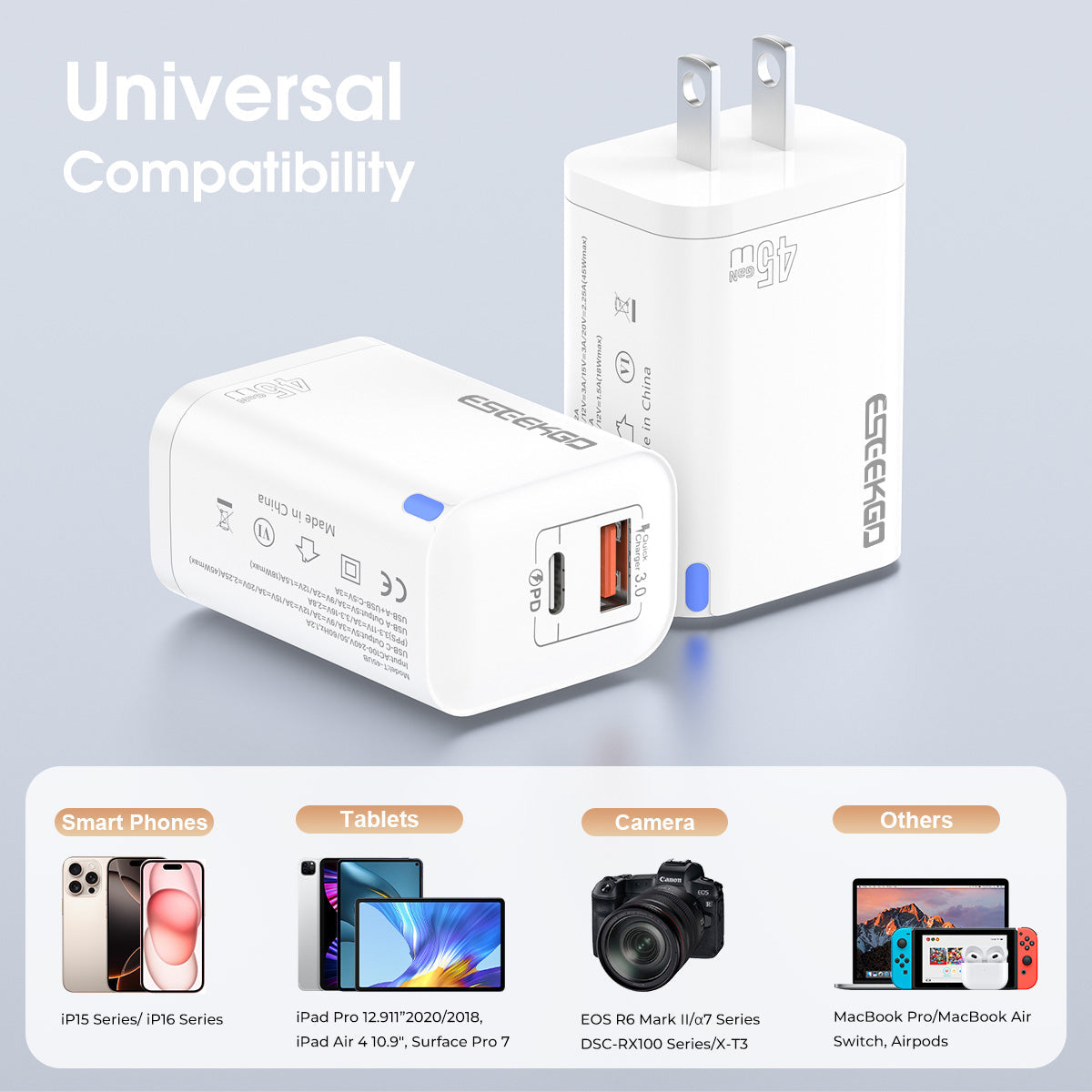 Cargador de viaje ESEEKGO T-45UB QC3.0 GaN PD45W con doble puerto (10/100)