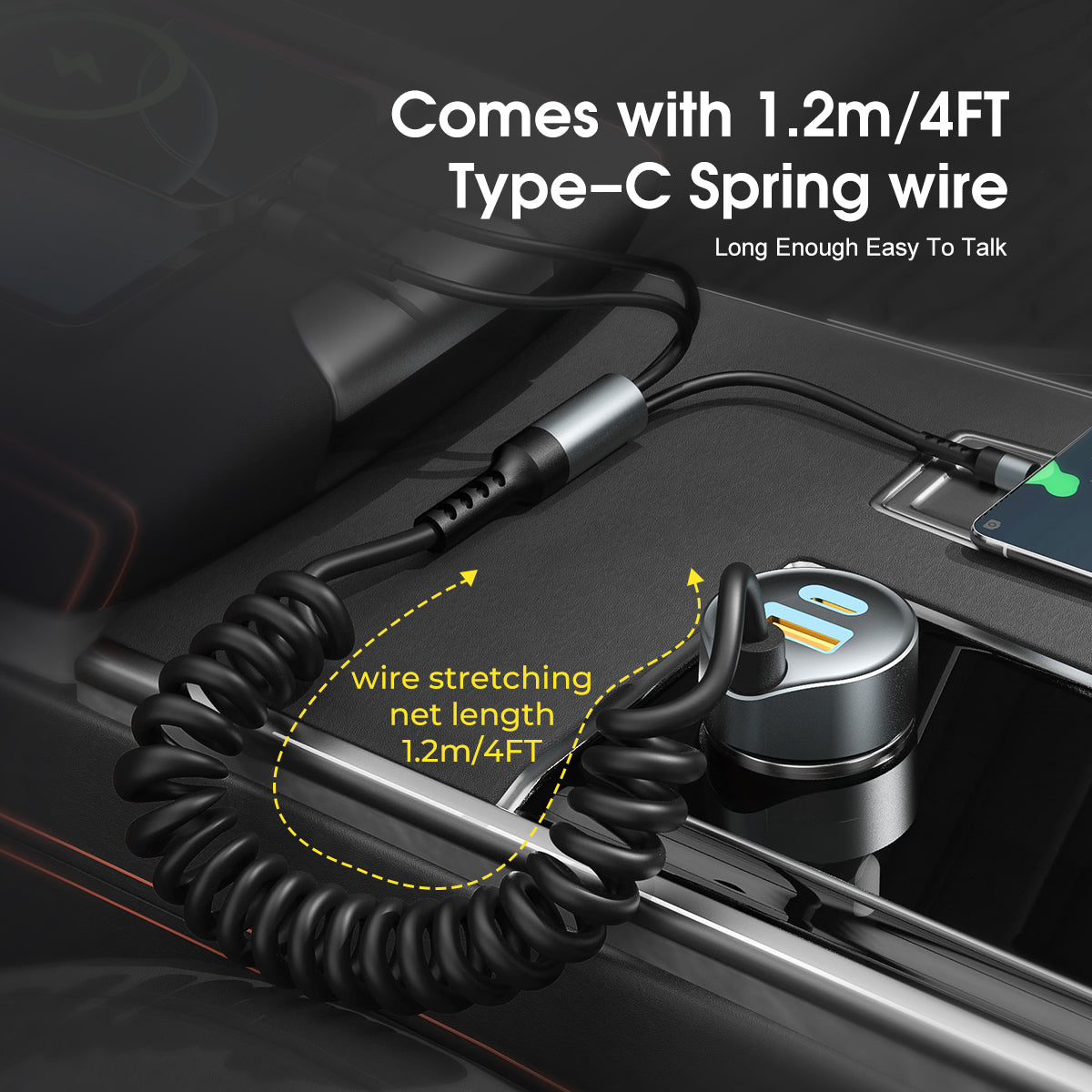 Cargador de coche retráctil ESEEKGO C-35BK de 60 W con cable 3 en 1 (8/80)