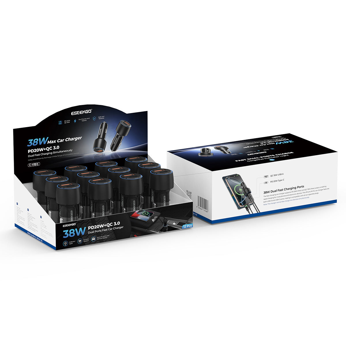 ESEEKGO C-10BS USB+Tipo-C Cargador de coche de doble puerto de 38W, juego de 12 unidades (12/144)