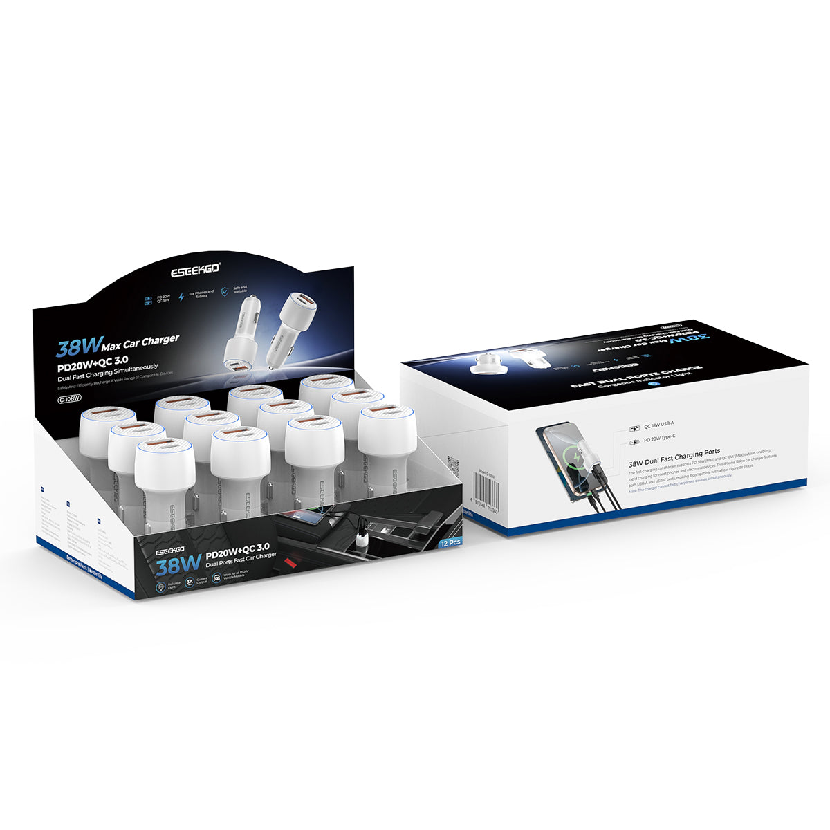 ESEEKGO C-10BW Cargador de Coche Dual USB+Tipo-C 38W Set de 12 Unidades/Blanco(12/144)