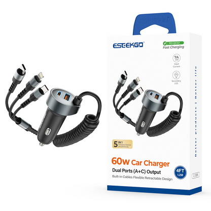 Cargador de coche retráctil ESEEKGO C-35BK de 60 W con cable 3 en 1 (8/80)