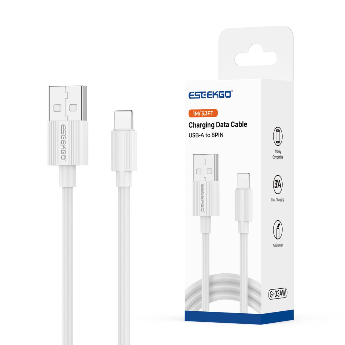 ESEEKGO G-03AW 3.0A 1M/3.3FT Cable de Carga de Datos USB a 8 PINES (40/400)