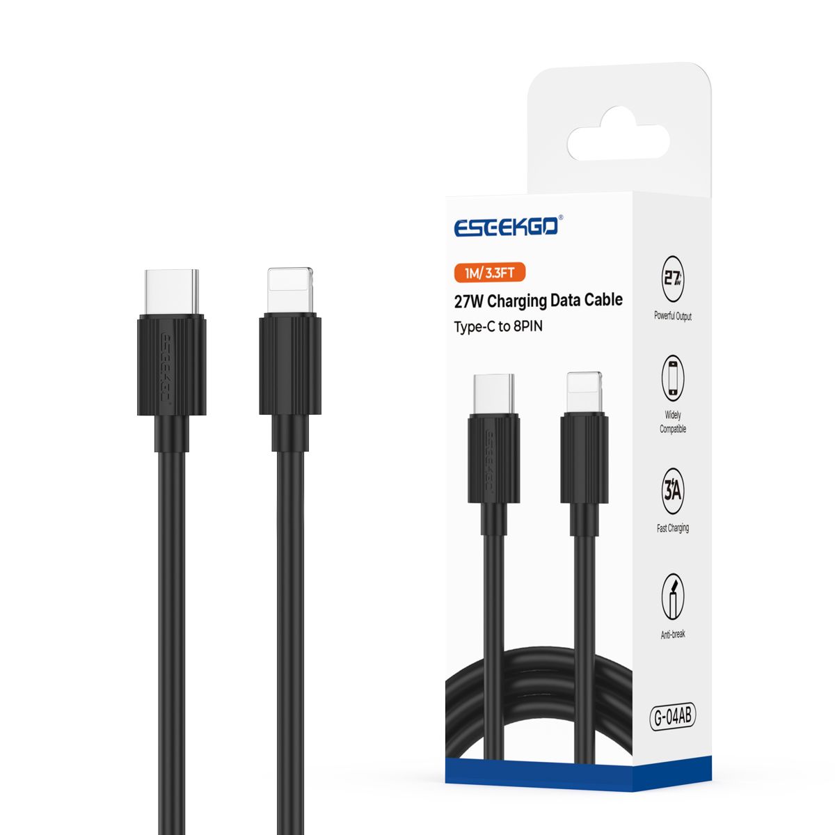 ESEEKGO G-04AB 3.0A 1M/3.3FT Cable de carga y datos de Tipo C a 8 PINES (40/400)