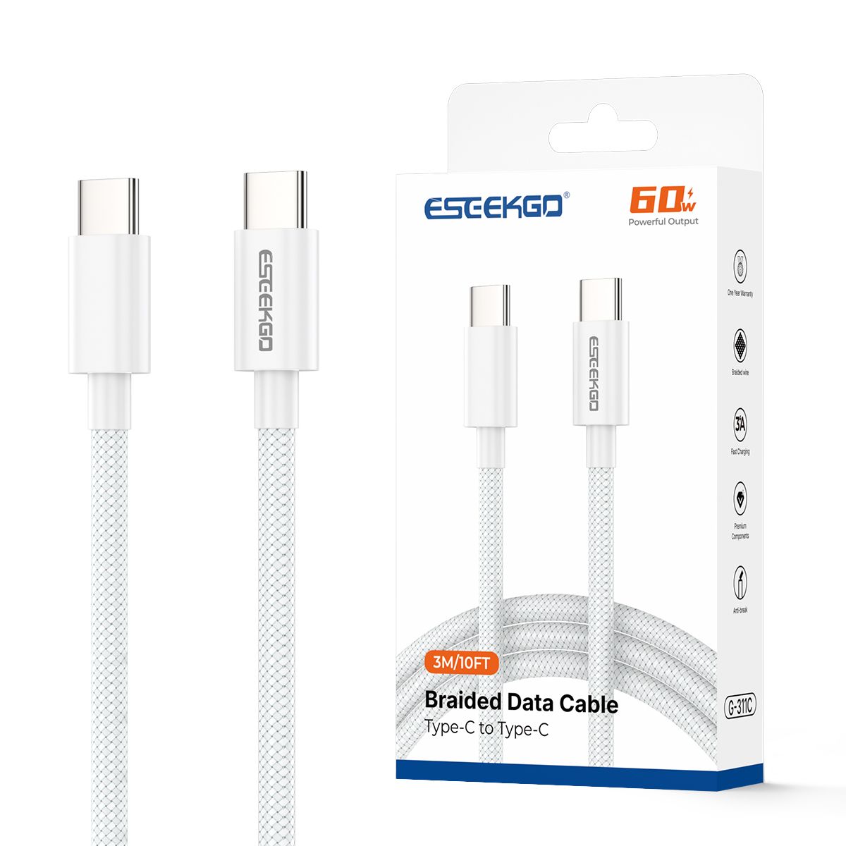 ESEEKGO G-311C Cable de datos trenzado de nylon Tipo C a Tipo C 3.0A 3M/10FT (15/150)