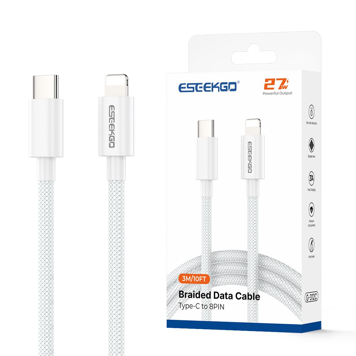 ESEEKGO G-312C 3.0A 3M/10FT Cable de datos trenzado de nylon Tipo C a 8 pines (15/150)