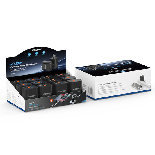Juego de adaptadores de viaje ESEEKGO T-32UA de 20W USB-A+USB-C 12 unidades/negro (12/144)