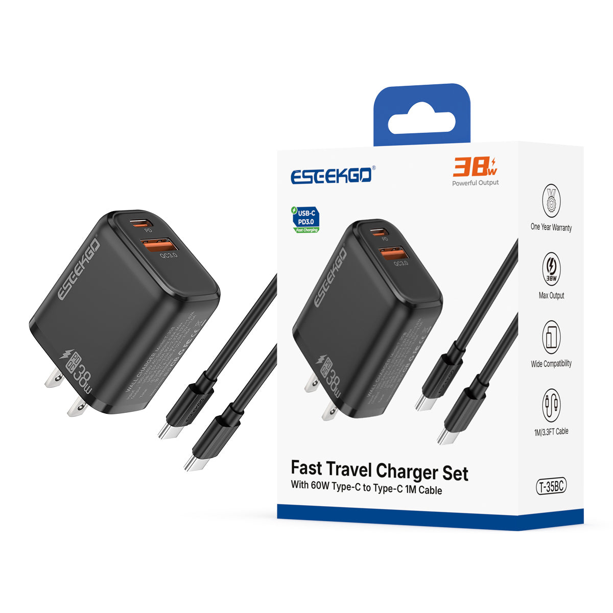 ESEEKGO T-35BC 3.0A 38W QC3.0 Adaptador de viaje A+C con cable de datos C-C de 60W y 1m (15/150)