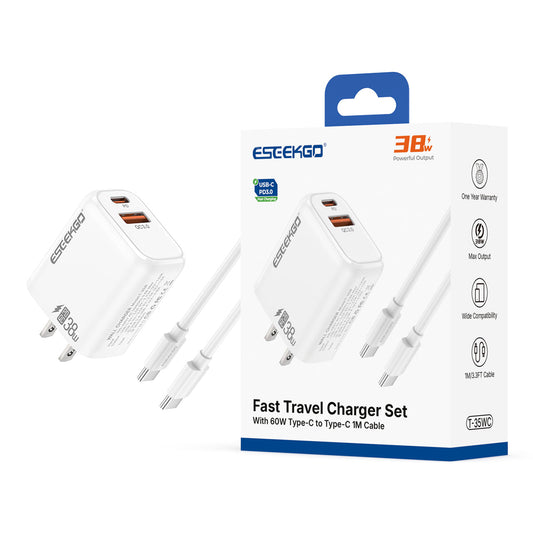 ESEEKGO T-35WC 3.0A 38W QC3.0 Adaptador de viaje A+C con cable de datos C-C de 60W y 1m (15/150)