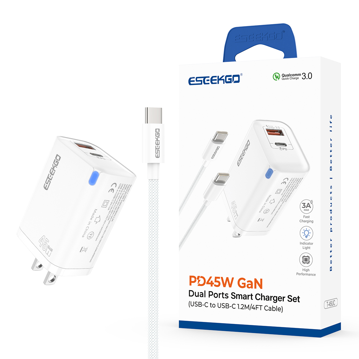 Cargador rápido ESEEKGO T-45UC QC3.0 GaN PD45W con cable de datos tipo C a C de 60W/3.0A (8/80)