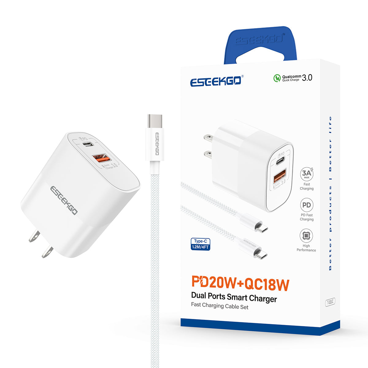 ESEEKGO T-32UC Adaptador de viaje cable de carga rápida tipo C a tipo C (8/80)