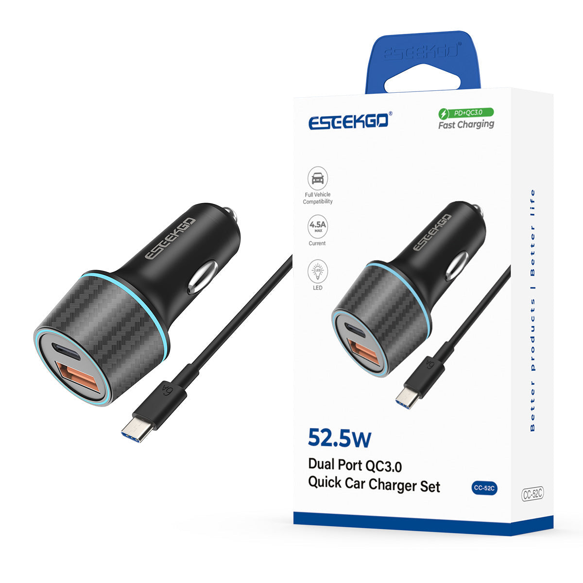 Cargador de coche ESEEKGO CC-52C de 52,5 W con cable de carga tipo C a tipo C (8/80)